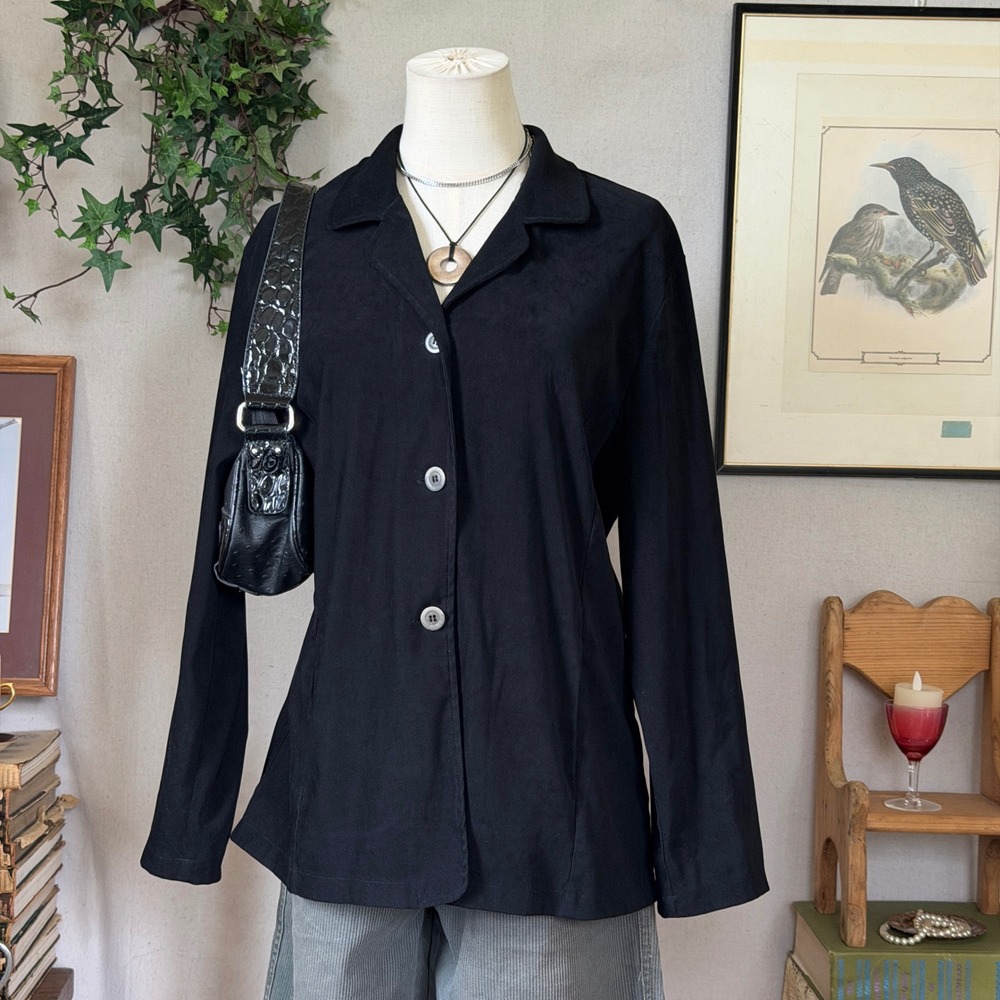 Black Micro Faux Suede Button Up Shirt Jacket Minimalist Vintage 90s Whimsygoth